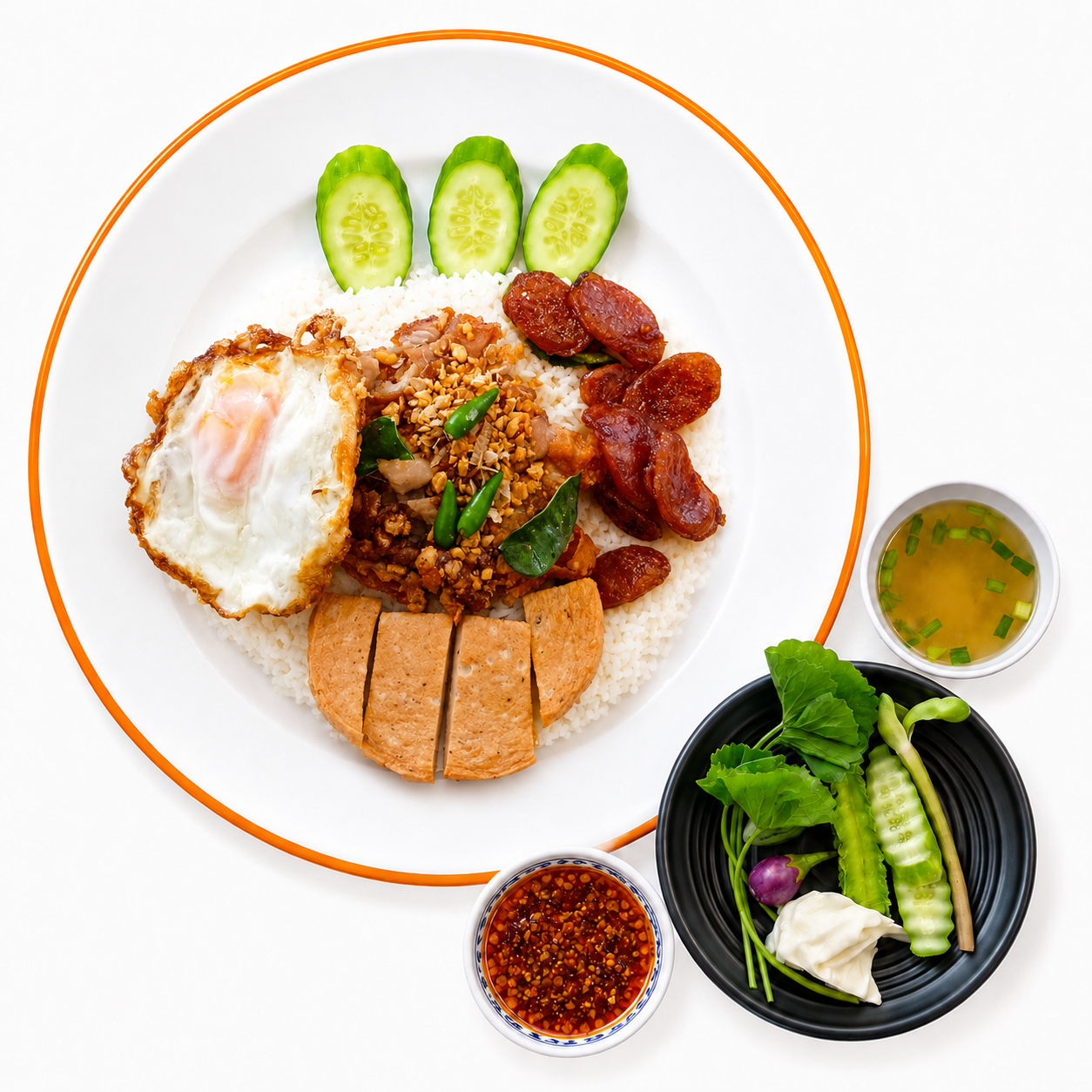 ข้าวหมูทอดต้นตำรับจัมโบ้(หมูทอด+ไข่ดาว+กุนเชียง+หมูยอ)