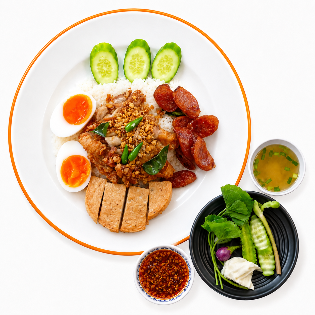 ข้าวหมูทอดต้นตำรับจัมโบ้(หมูทอด+ไข่ต้ม+กุนเชียง+หมูยอ)