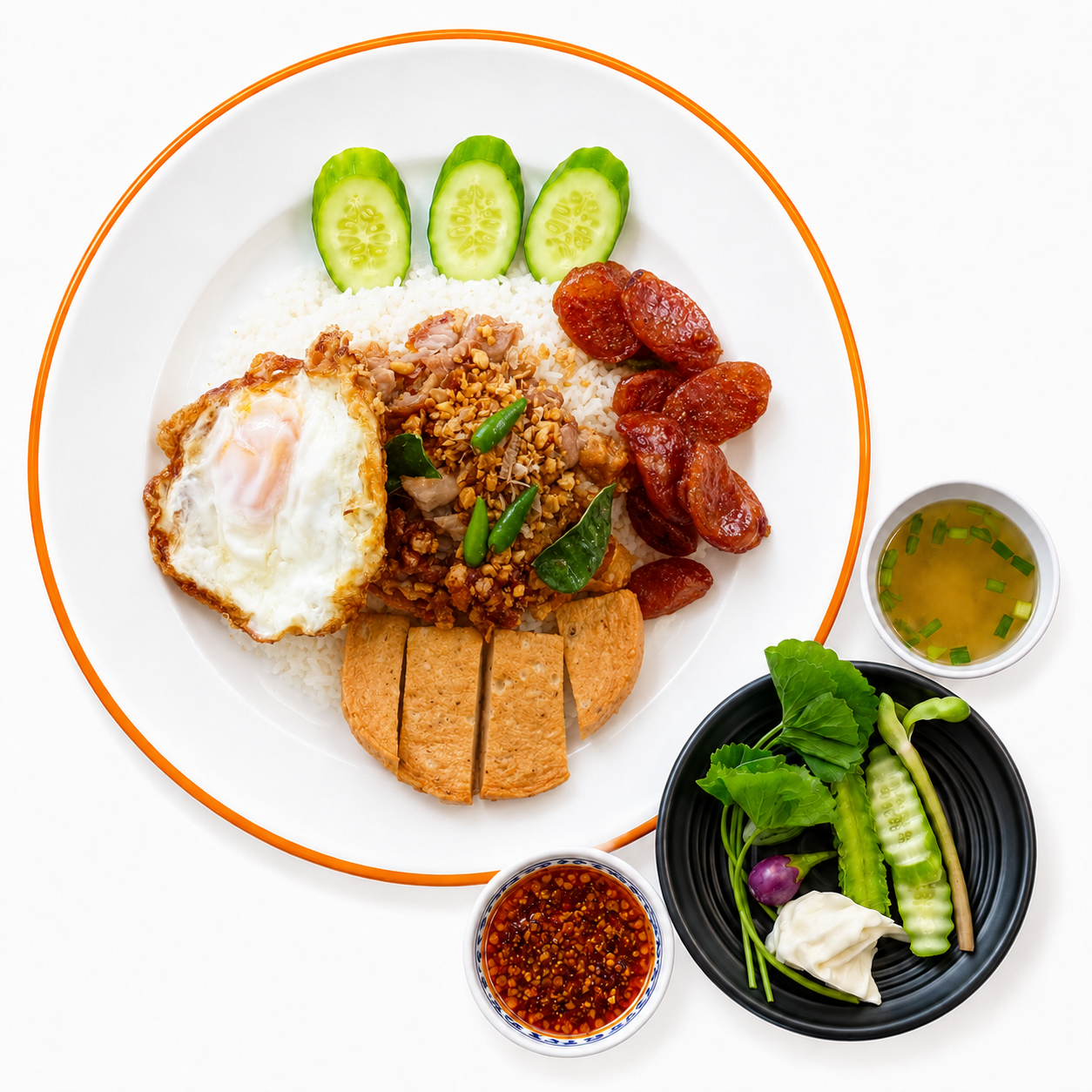 ข้าวไก่ทอดต้นตำรับจัมโบ้(เนื้อสะโพกไก่ทอด+ไข่ดาว+กุนเชียง+หมูยอ)
