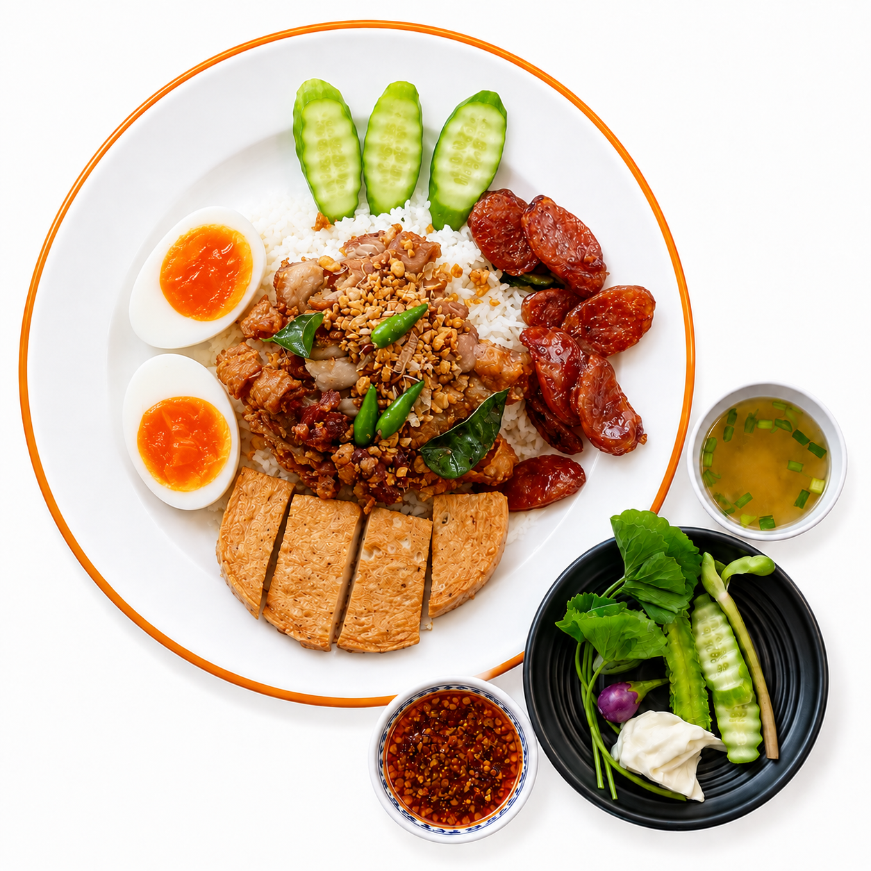 ข้าวไก่ทอดต้นตำรับจัมโบ้(เนื้อสะโพกไก่ทอด+ไข่ต้ม+กุนเชียง+หมูยอ)